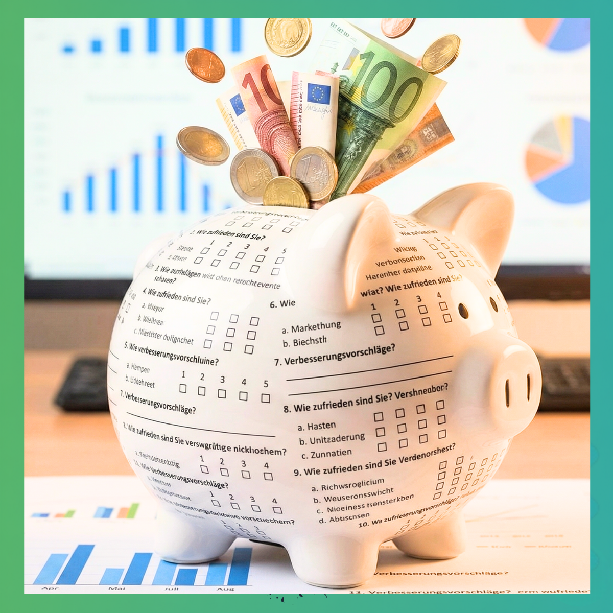 Ein Sparschwein mit Fragebogen - Sinnbild für Marktforschung ROI